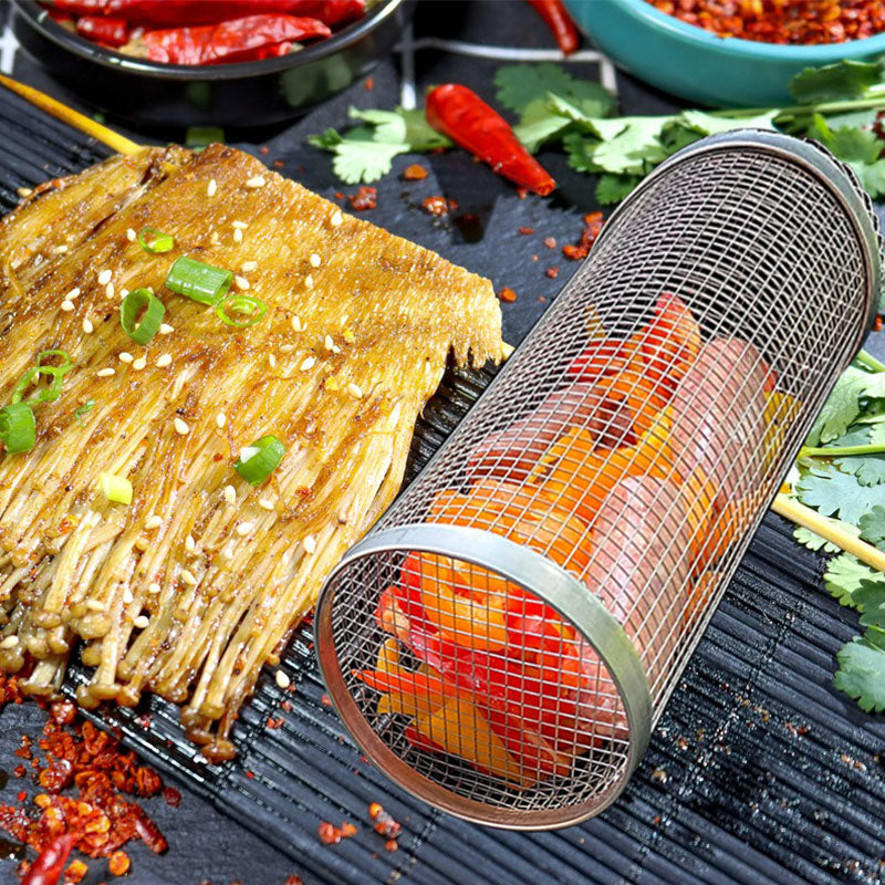 Outdoor Rolling Grilling Bbq Basket, Stainless Steel Leakproof